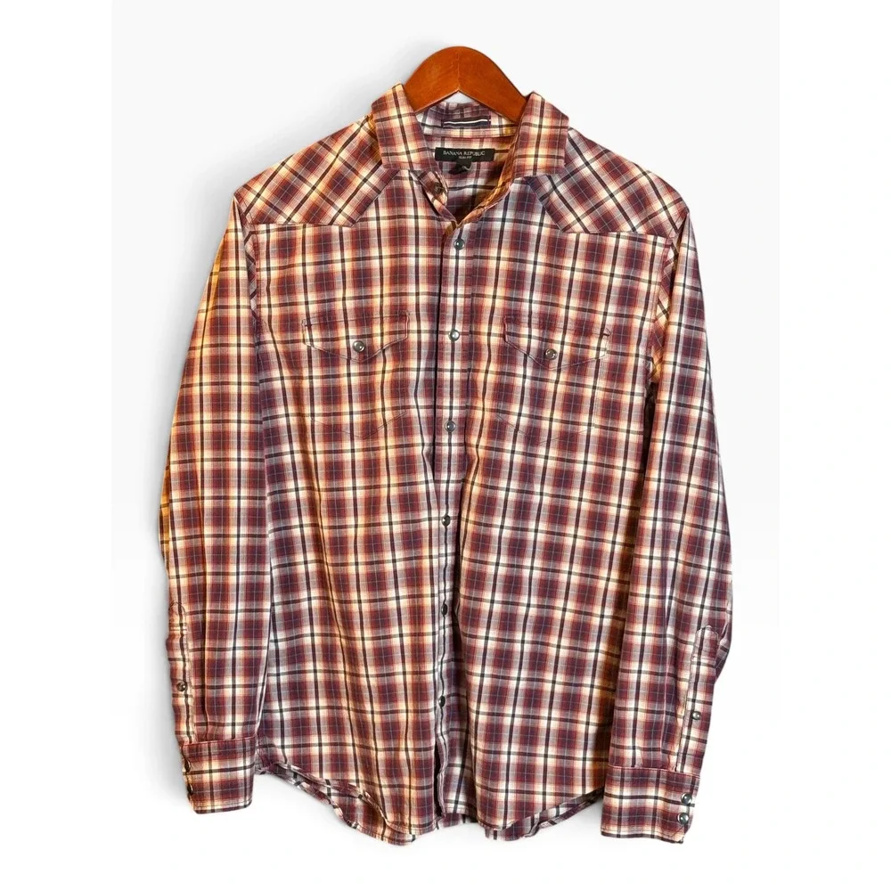 Banana Republic Mens Slim Western Shirt M Red Plaid Stretch Pearl Snap Cotton